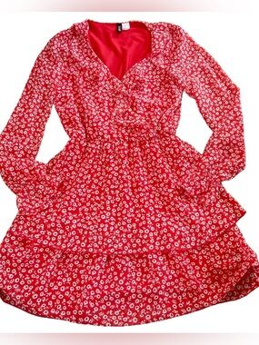 H&M Red White Lined Floral Ruffle Mini Dress XXS Coquette Cottagecore